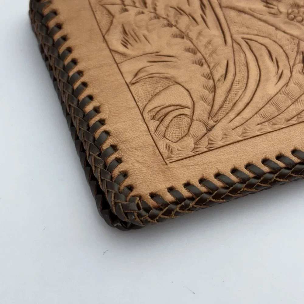 VTG Tooled Leather Western Whip Stitch Men's Wallet Hand Crafted Bifold Brown